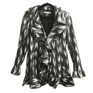 Peter Nygard Petites Size 6 Black and Gray Striped Ruffled Coat/Jacket